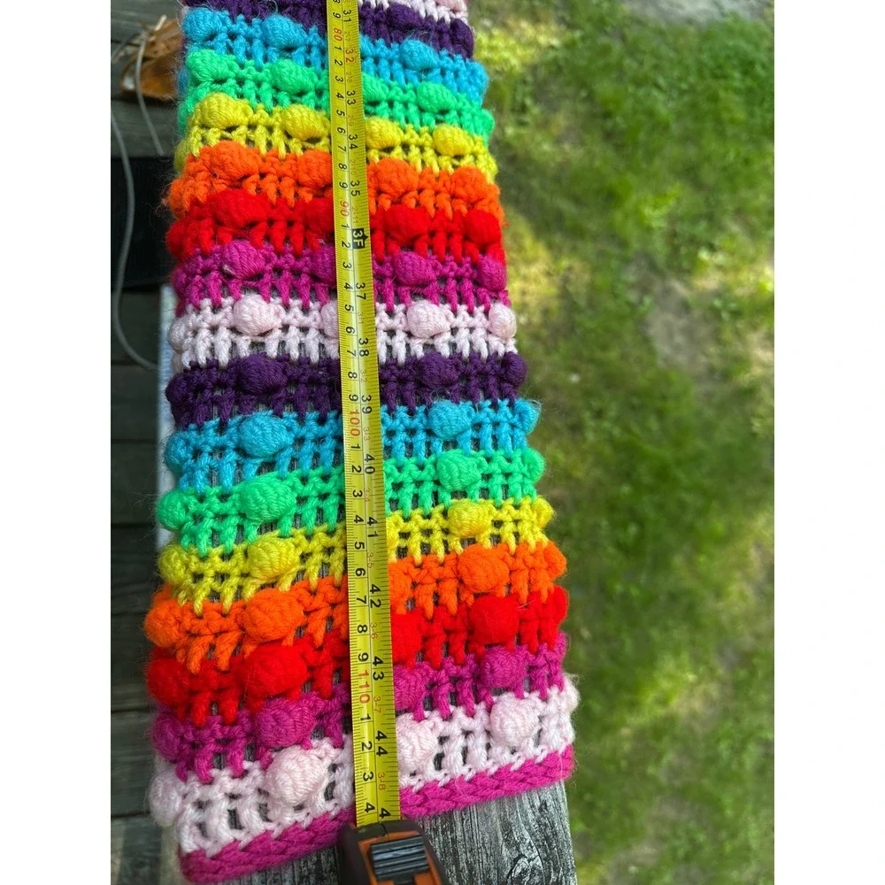 Handmade Crochet Rainbow Bobble Stitch Blanket Multi Color Striped Throw 57x44
